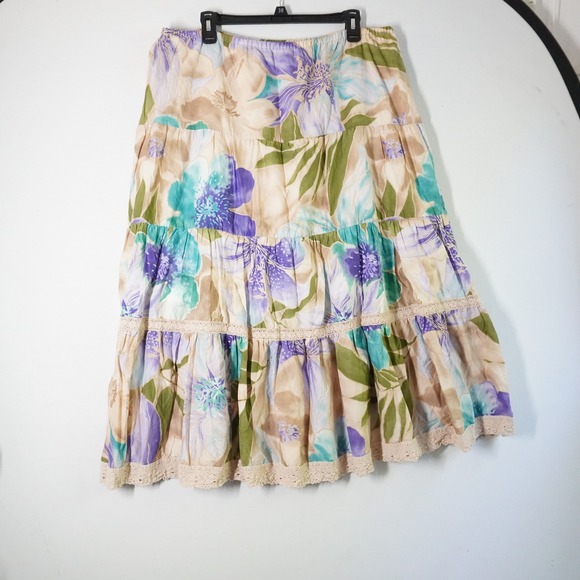 Caribbean Joe Dresses & Skirts - vtg Caribbean Joe Maxi Skirt Womens XL Floral Tiered Lace Trim Cottagecore bEACH